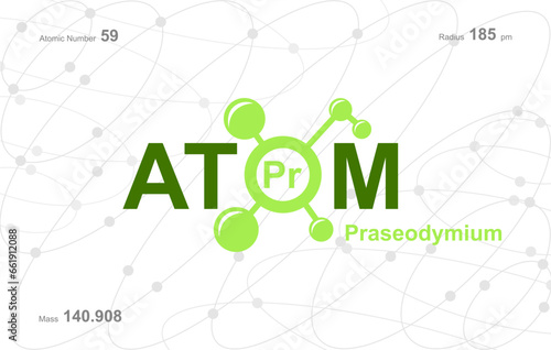 modern logo design for the word "Atom". Atoms belong to the periodic system of atoms. There are atom pathways and letter Pm.