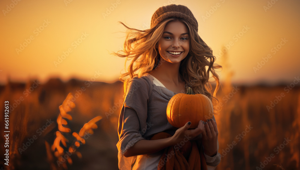 mujer, joven y rubia sosteniendo una calabaza en sus manos sobre campo con colores otoñales al atardecer - obrazy, fototapety, plakaty 