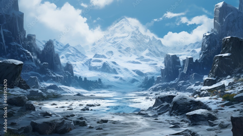 Obraz premium Landscape of mountains. Valley, lake and snow. Rocks and canyon. Beautiful sky with white clouds.