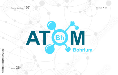 modern logo design for the word "Atom". Atoms belong to the periodic system of atoms. There are atom pathways and letter Bh.