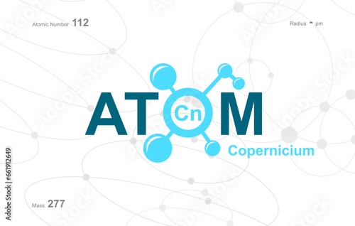 modern logo design for the word "Atom". Atoms belong to the periodic system of atoms. There are atom pathways and letter Cn.
