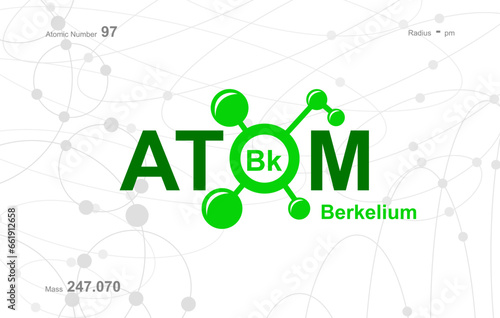 modern logo design for the word "Atom". Atoms belong to the periodic system of atoms. There are atom pathways and letter Bk.
