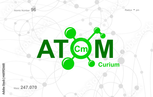 modern logo design for the word "Atom". Atoms belong to the periodic system of atoms. There are atom pathways and letter Cm.