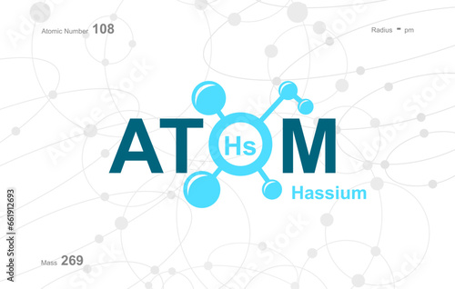 modern logo design for the word "Atom". Atoms belong to the periodic system of atoms. There are atom pathways and letter Hs.