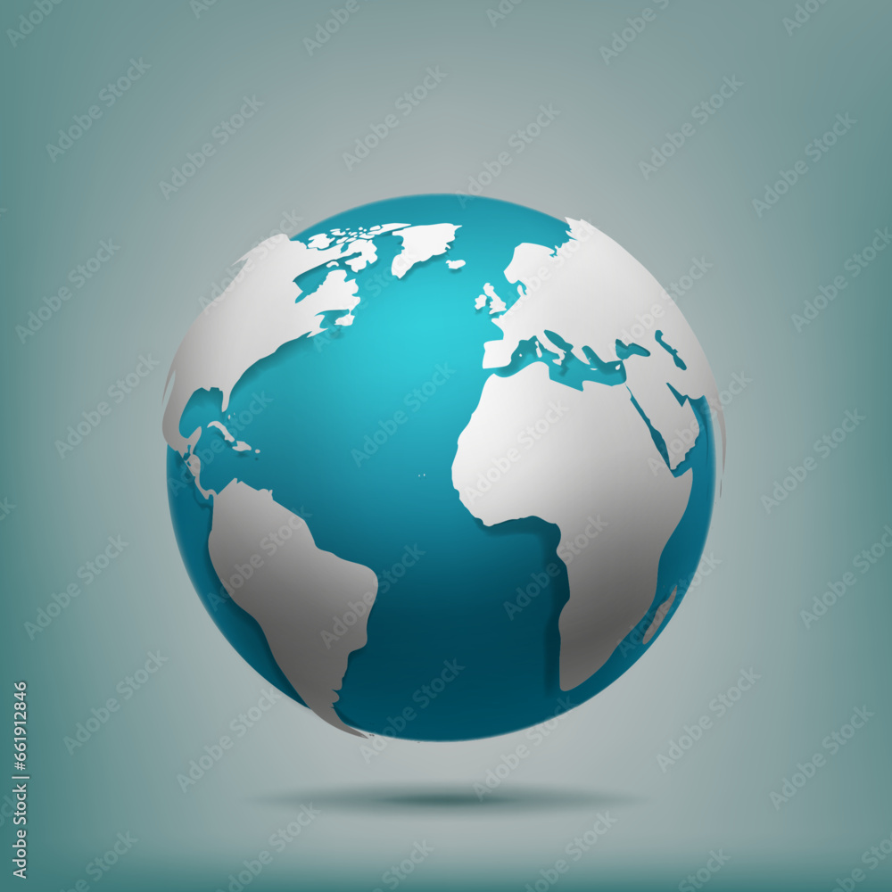 World globe. 3D earth map. Global navigation. Round planet. business digital graphic. Soaring glossy ball. International travel. Continents and blue oceans. Vector geography concept