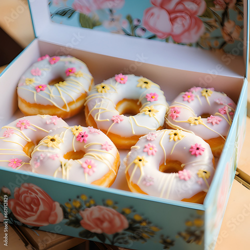 Colorful glazed donuts with painted flower pattern, in a cute floral cute box.