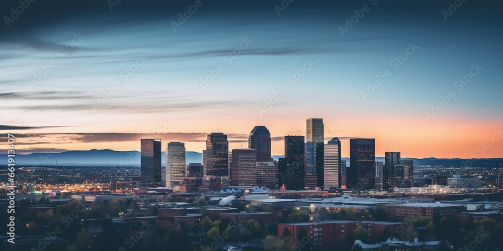 Panoramic view of a city skyline at dusk , concept of Urban landscape