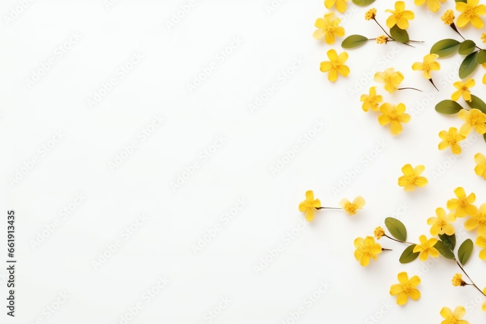 A graceful flat lay of little yellow flowers, captured from above, whispering of spring, against a gentle, light background, providing a fresh and airy canvas with a serene empty space. A graceful flat lay of little yellow flowers, captured from above, whispering of spring, against a gentle, light background, providing a fresh and airy canvas with a serene empty space.