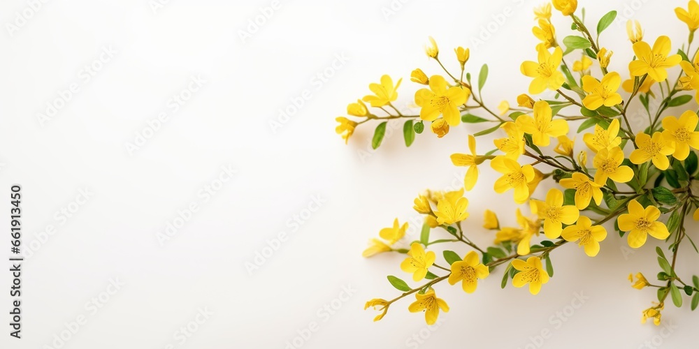 A graceful flat lay of little yellow flowers, captured from above, whispering of spring, against a gentle, light background, providing a fresh and airy canvas with a serene empty space.