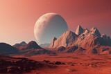Landscape: red planet, arid, rocky hills, mountains, giant moon. Perfect for space exploration and science fiction backgrounds. Generative AI