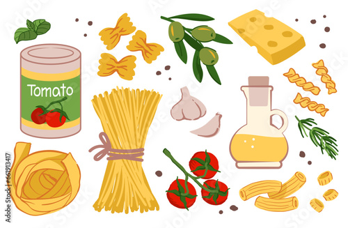 Italian food. Pasta cook, olive oil, basil and tomato, cheese and garlic. Tasty cuisine, homemade or Italy restaurant, raw macaroni, farfalle. Fresh cooking. Vector card, cartoon concept
