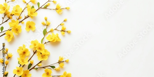 A graceful flat lay of little yellow flowers, captured from above, whispering of spring, against a gentle, light background, providing a fresh and airy canvas with a serene empty space. photo