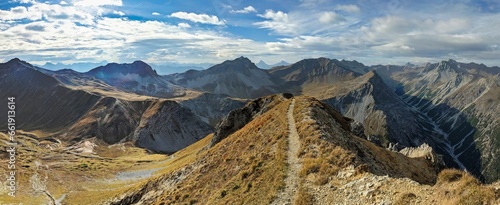 Schiesshorn summit above Arosa. Mountain in the Strela Range in the Plessur Alps. Wanderlust in autumn. Beautiful mountain panorama. High quality photo