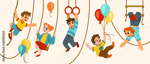 Kids play. Children fun. Swings in kindergarten. Active and funny games. Birthday playground. Babies club or gym. Girl swinging. Boy hanging on rope. Vector cartoon playful characters