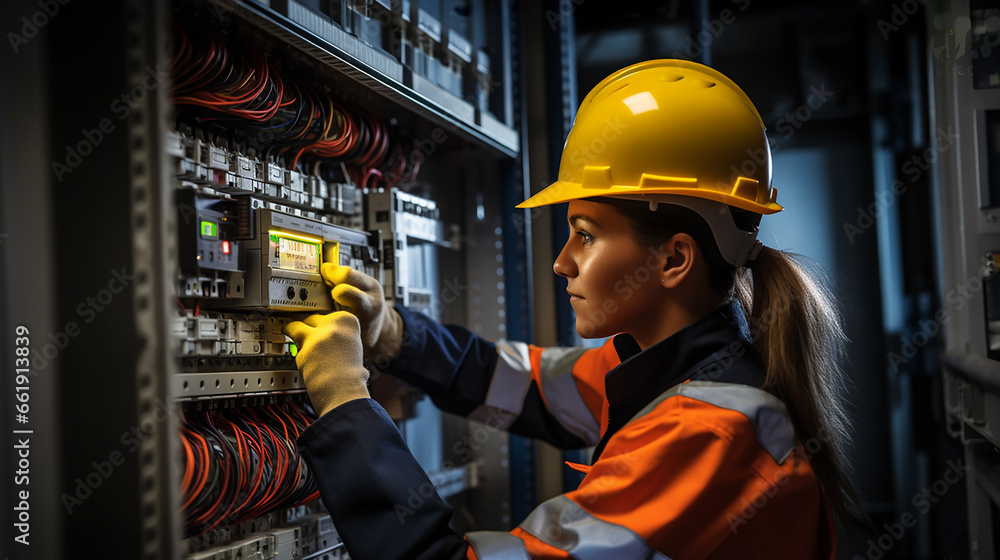 Portrait of female factory worker. Engineer women are working with machines Portrait of female factory worker. Engineer women are working with machines