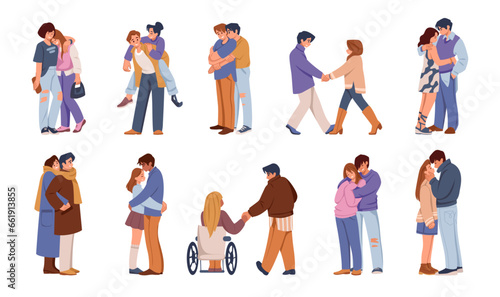 Diverse couples. Wheelchair person hugs. LGBTQ people dating. Man and woman cuddling. Romantic relationship. Friends embrace. Different happy romance characters set. Vector illustrations