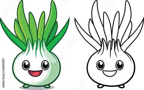 Spring onion cartoon vector illustration, green onion, table onion, salad stick, long, baby, precious, wild, yard, gibbons onion colored and black and white line art stock vector image