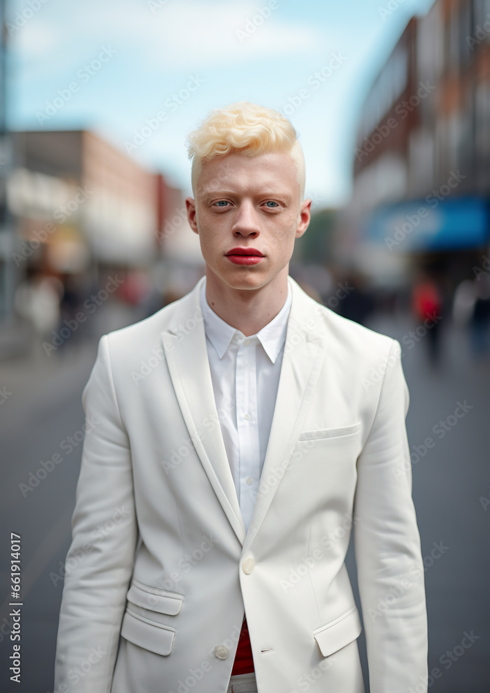 Fototapeta premium A handsome albino man radiating confidence in his uniqueness on a busy street. Albino man challenges conventional aesthetic standards with elegance.