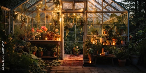 Greenhouse restored and filled with exotic plants, with fairy lights strung up for an ethereal evening glow, concept of Plant preservation © koldunova