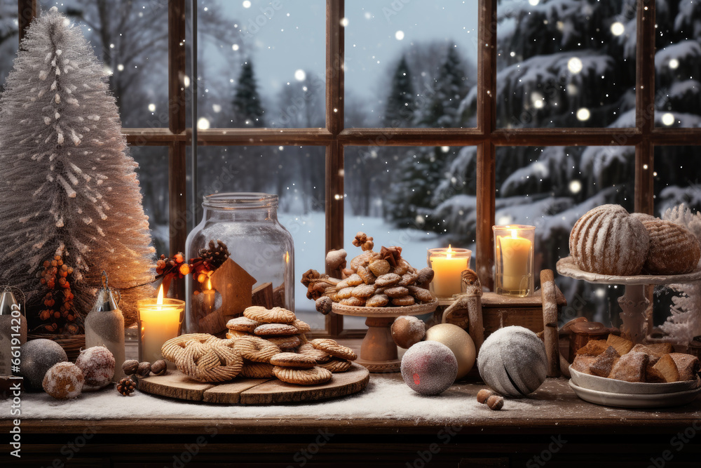 Obraz premium Christmas party celebration with dinner meal on table, Happy new year and Xmas scene, Thanksgiving Food and Dessert for party invitation.