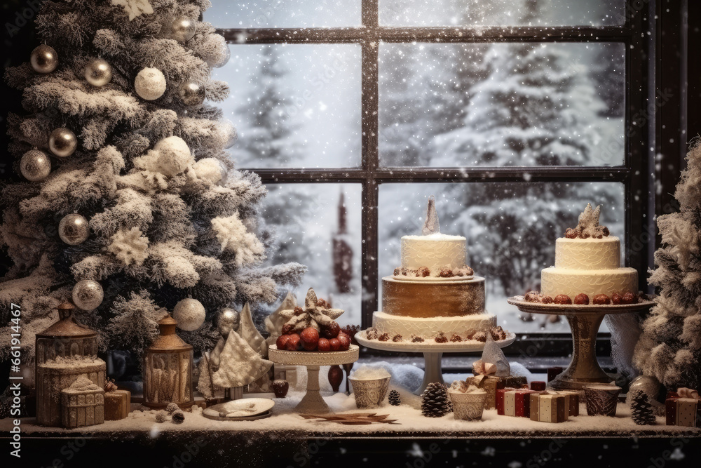Obraz premium Christmas party celebration with dinner meal on table, Happy new year and Xmas scene, Thanksgiving Food and Dessert for party invitation.