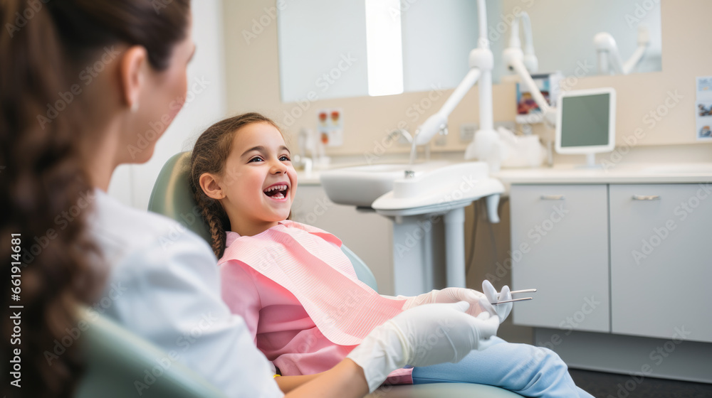 Fototapeta premium Little girl smiles at a dentist appointment.
