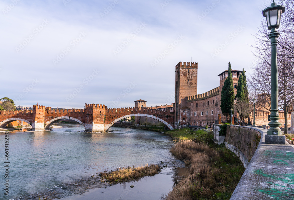 Verona, Italy - January 21 2023 - River Adige with in the background the Castelvecchio Museum