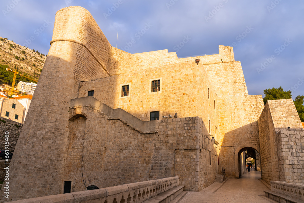 Dubrovnik, Croatia - January 26 2023 - Old entrance buildings of the medeival town of Dubrovnik