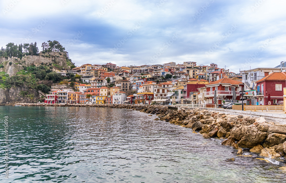 Parga, Greece - 30 january 2023 - The bay with the Venetian Castle of Parga