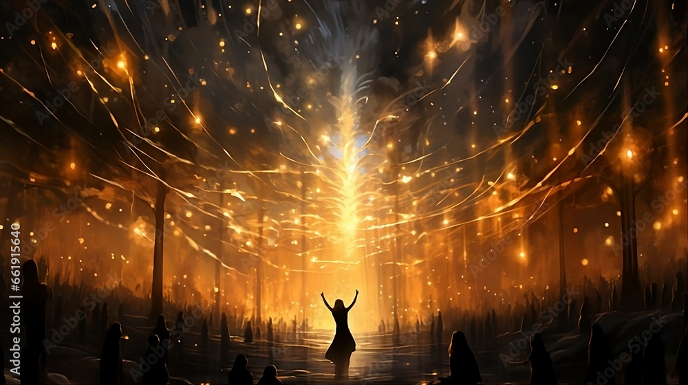 A magical scene of sparkling lights and glittering sparks, dancing and twirling in the air