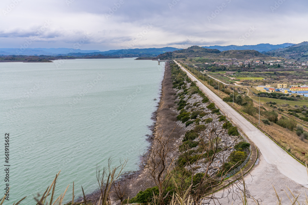 Pinios, Greece - 5 february 2023 - Overview of the Pinios Dam at the Pinios Lake