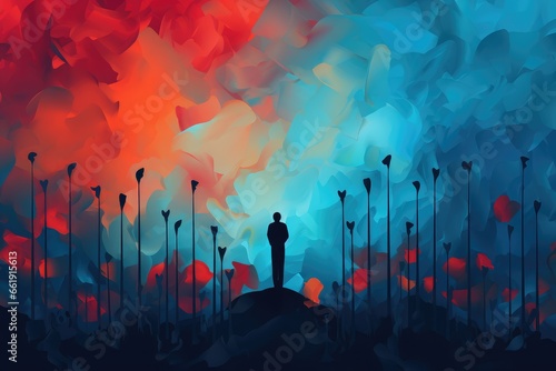 Silhouette of a man in a field of poppies. Abstract blue and red background with poppies to remember all victims of war. 