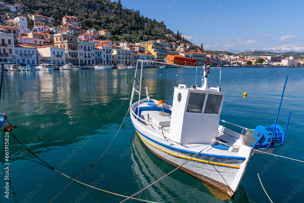 Githion, Greece - 12 February 2023 - Fishing boat wainting to sail out in the harbour of town