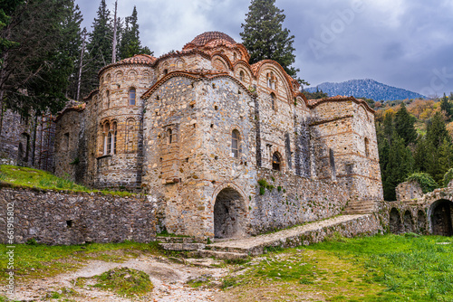 Ruins of the Saints Theodors Mystras Holy Orthodox Church in the old town of Mystra near the city of Sparta in Greece photo