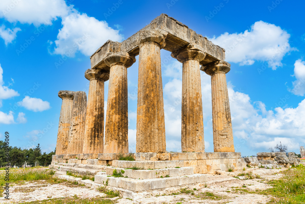 Corinth, Greece - 1 March 2023 - Ruins of the Temple of Apollo at the ancient town of Corinth