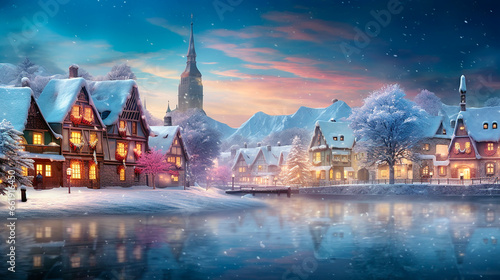 A festive winter scene with softly falling snow, adorned with colorful blurred lights, creating a warm and cozy atmosphere, featuring a quaint village in the background with snow-covered rooftops photo