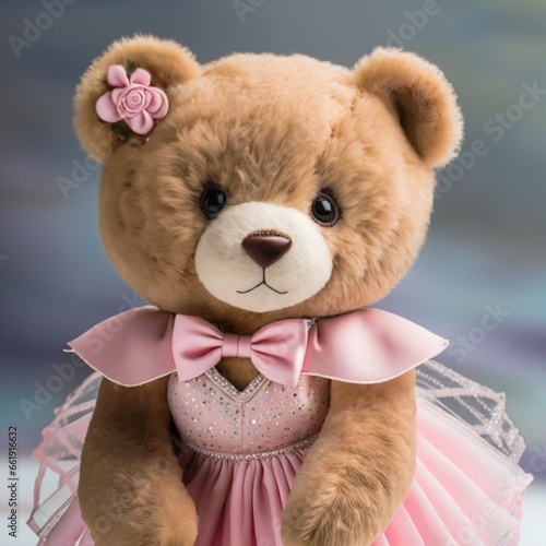 Classic ballet dancer teddy bear, cute plush hyperealistic photo