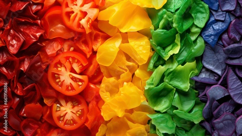 Different choped vegetables arrange in the colors of the rainbow