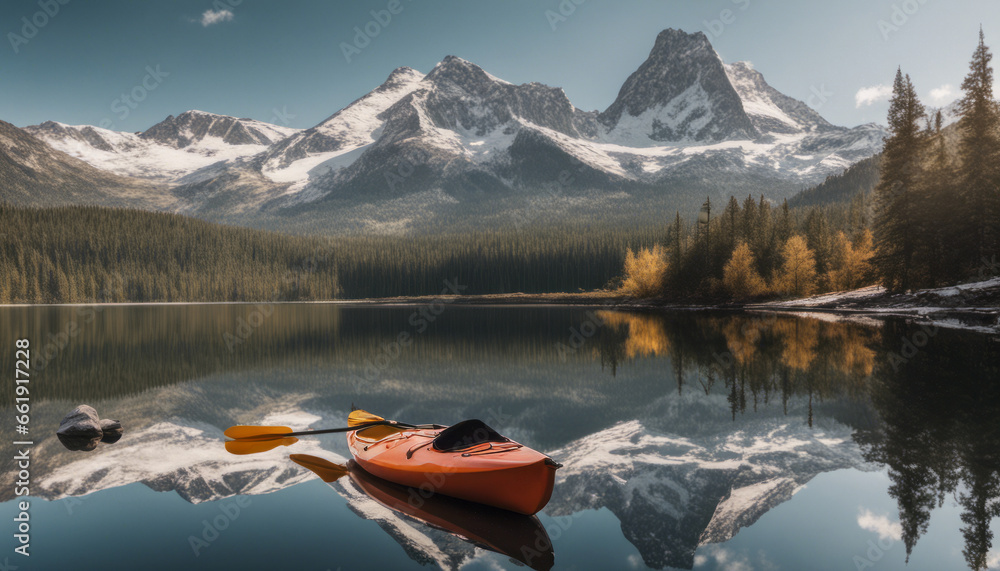  A serene, remote cabin by a pristine mountain lake, with kayaks on the shore and a clear reflection of the snow-capped peaks, embodying the serenity of wilderness retreats.