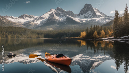  A serene, remote cabin by a pristine mountain lake, with kayaks on the shore and a clear reflection of the snow-capped peaks, embodying the serenity of wilderness retreats.
