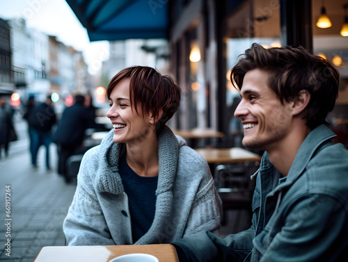 Paar sitzt draußen vor einem Café