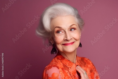 Portrait of a happy smiling senior woman on pink background
