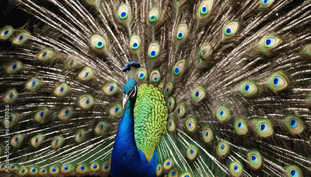 Obraz premium A mesmerizing close-up of a peacock displaying its iridescent plumage in full bloom, radiating the beauty of nature.