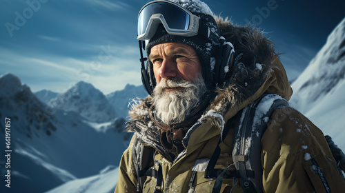 Portrait of a senior bearded man in warm outfit exploring the mountains at winter.