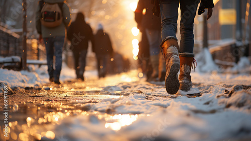 Legs walking on the street on snowy winter day downtown.