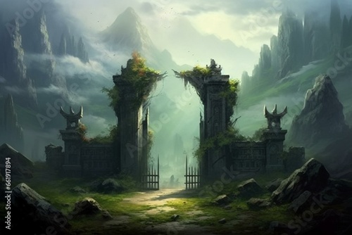 Surrounded by flowers, a gate, forest, trees, natural landscape, mist, fog, leaves, ruins, desolation, fantasy, adventure, mountains, sky, rocks, clouds, green, scenery, park. Generative AI © Isadore