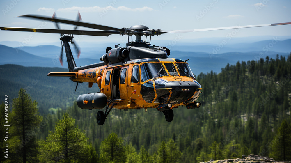 Fototapeta premium 911 Helicopter Rescue: A helicopter hovering above a remote area during a rescue mission, highlighting aerial 911 services.