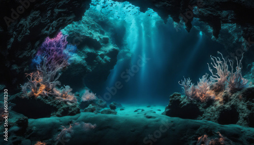  A magical underwater cave illuminated by bioluminescent creatures, creating an otherworldly and surreal underwater scene.