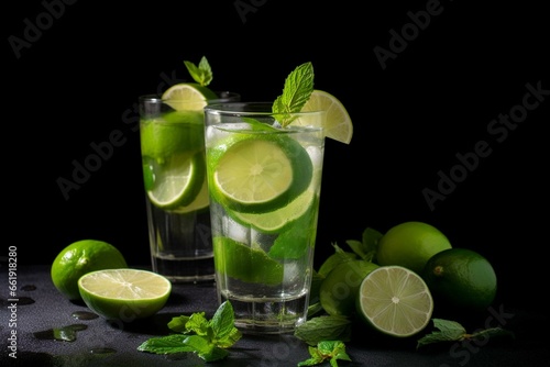 Refreshing drink with lime and mint on a dark backdrop. Generative AI