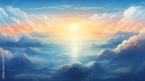 Beautiful aerial view over the clouds in the sky at sunset. AI generated image